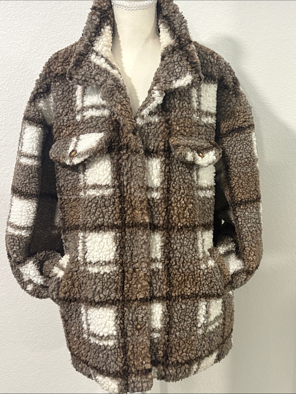 Source Unknown Brown & Cream Plaid Teddy Jacket